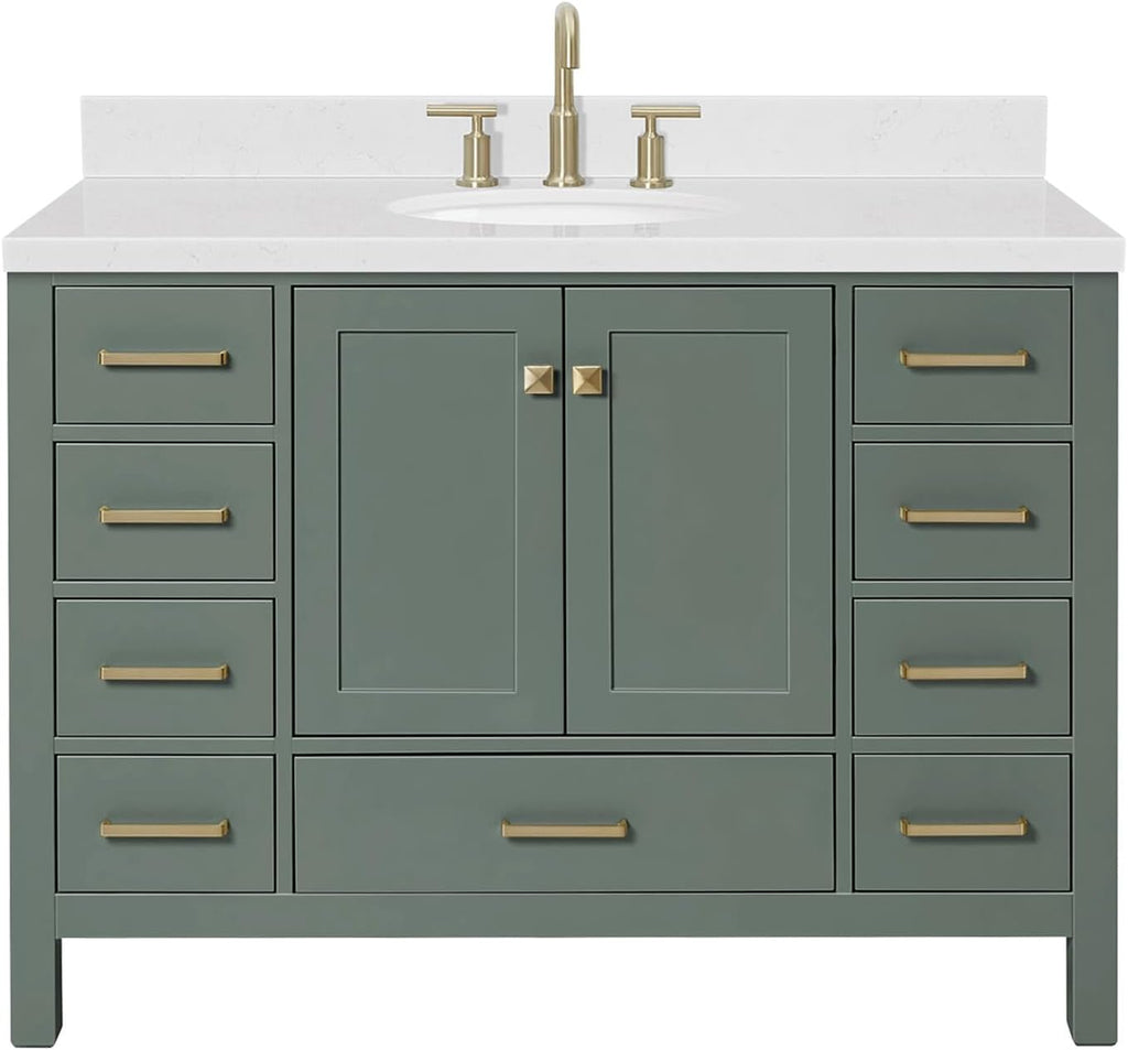 ARIEL Cambridge 48-inch Bathroom Vanity with Sink,Solid Wood, 1.5-inch Carrara White Quartz Countertop, Single Oval Porcelain Sink, 2 Soft Closing Doors, 9 Dovetail Drawers, Vintage Green