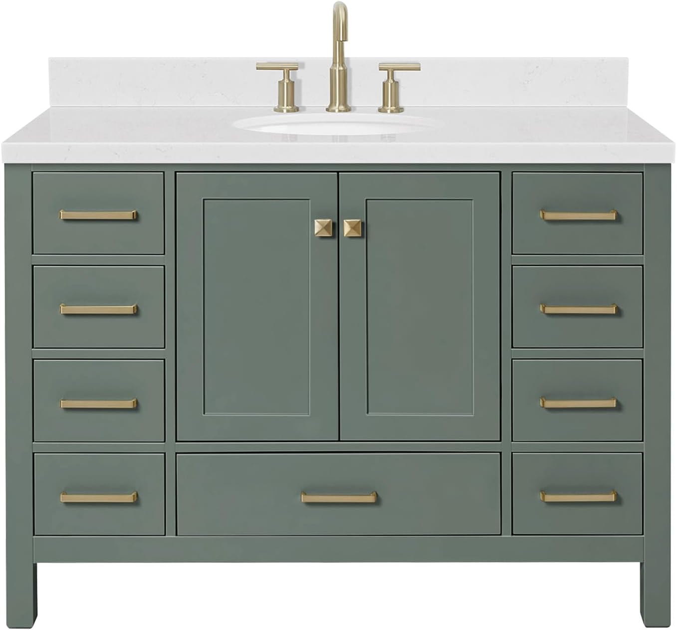 ARIEL Cambridge 48-inch Bathroom Vanity with Sink,Solid Wood, 1.5-inch Carrara White Quartz Countertop, Single Oval Porcelain Sink, 2 Soft Closing Doors, 9 Dovetail Drawers, Vintage Green
