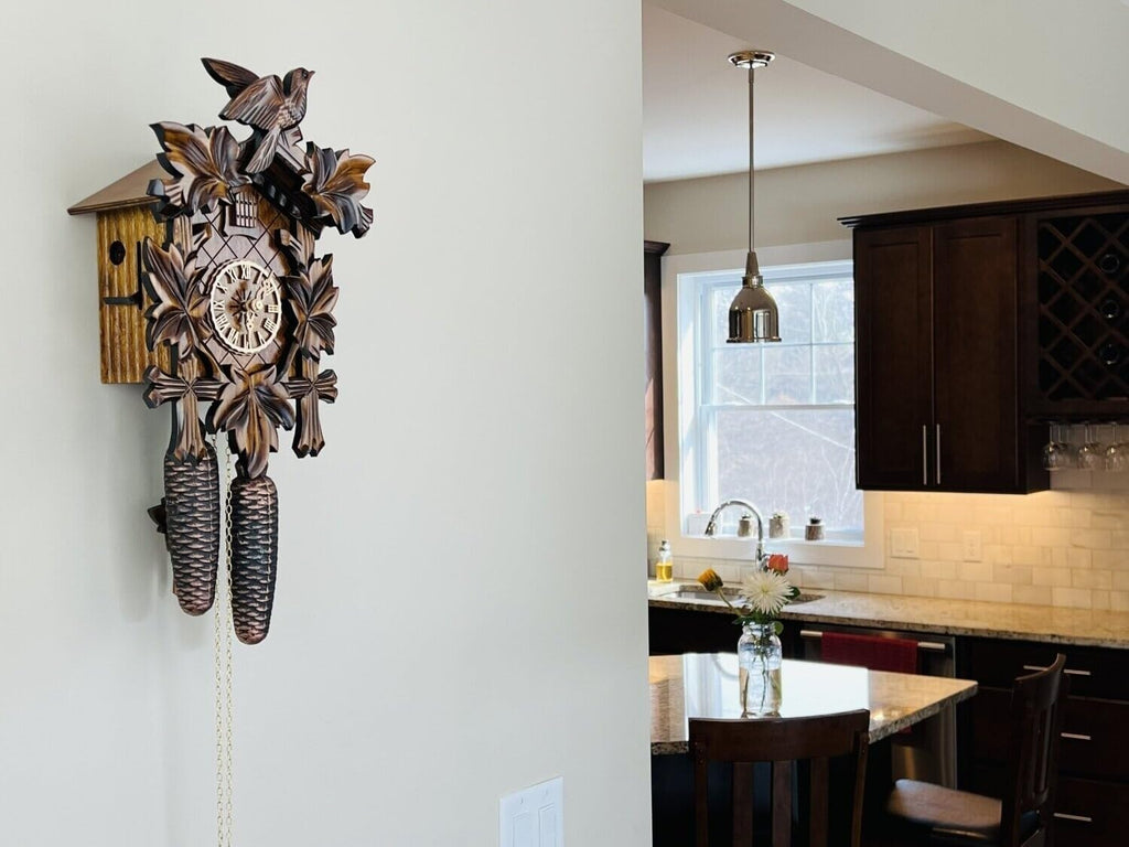 Traditional German Cuckoo Clock with Five Hand-Carved Maple Leaves and One Bird, 14-Inch Tall