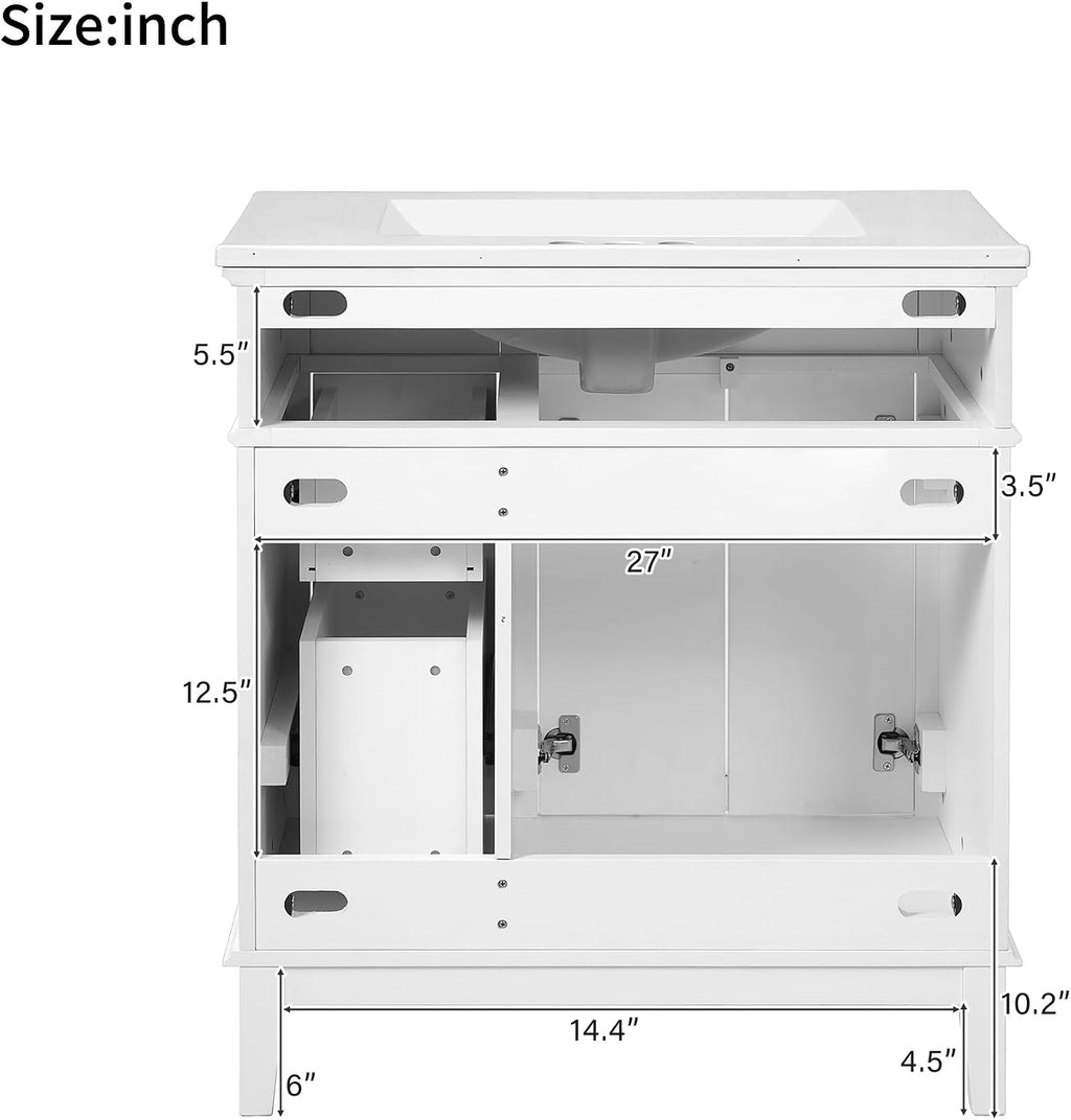 Harper & Bright Designs 30' Bathroom Vanity with Sink, Free Standing Single Basin Vanity Set with 2 Drawers, and Soft-Close Doors, Wood Bathroom Cabinet with Ceramic Basin for Bathroom, White