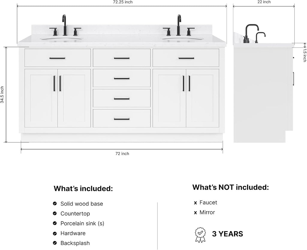 ARIEL Hepburn 72-inch Bathroom Vanity with Sink,Solid Wood, 1.5-inch Carrara White Quartz Countertop & Backsplash, Double Oval Porcelain Sink, 4 Soft Closing Doors, 6 Dovetail Drawers, White