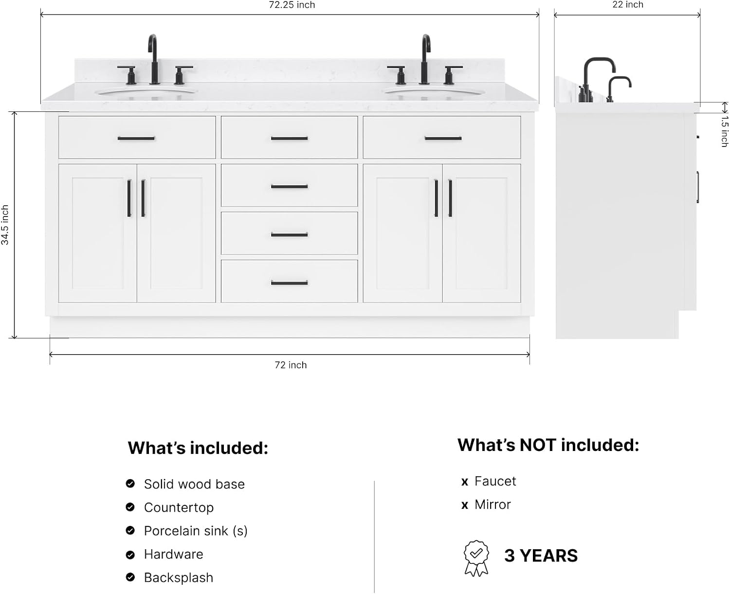ARIEL Hepburn 72-inch Bathroom Vanity with Sink,Solid Wood, 1.5-inch Carrara White Quartz Countertop & Backsplash, Double Oval Porcelain Sink, 4 Soft Closing Doors, 6 Dovetail Drawers, White