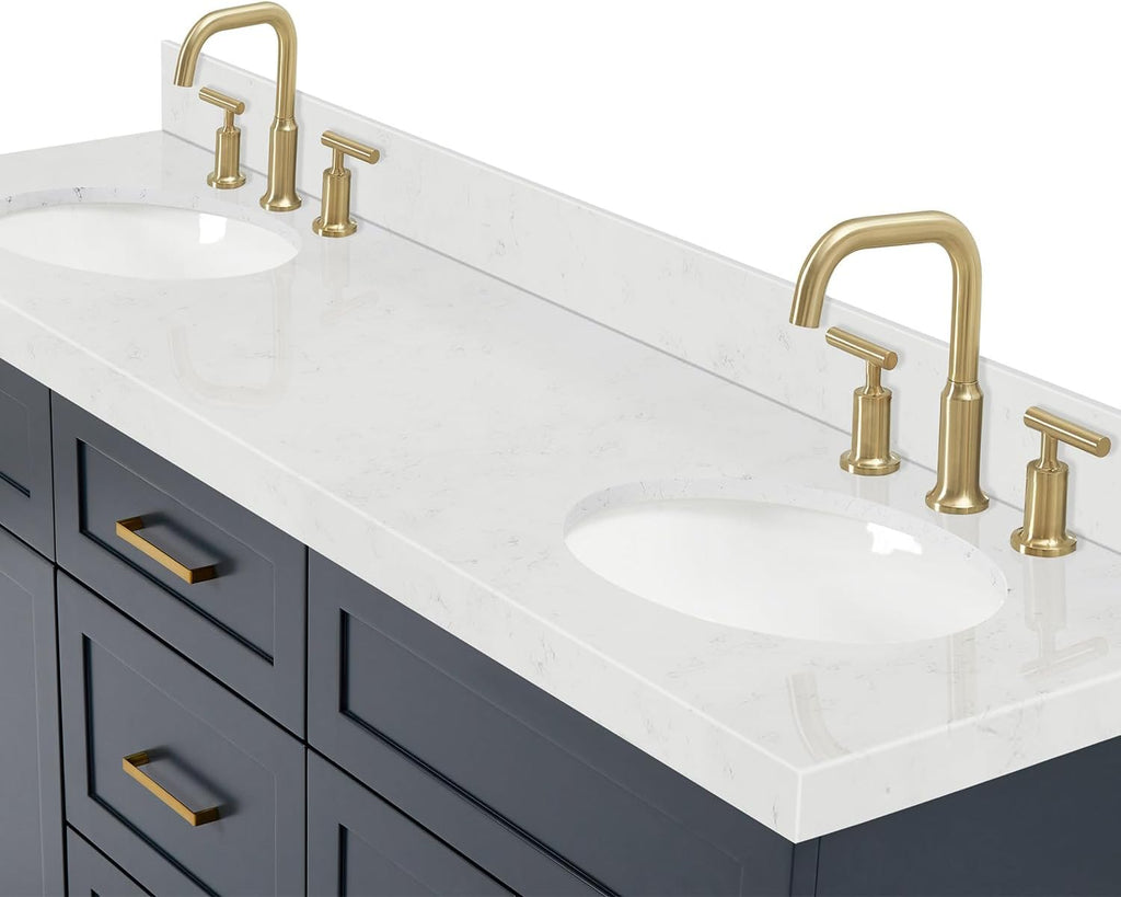 ARIEL Hamlet 66-inch Bathroom Vanity with Sink,Solid Wood, 1.5-inch Carrara White Quartz Countertop & Backsplash, Double Oval Porcelain Sink, 4 Soft Closing Doors, 3 Dovetail Drawers, Midnight Blue