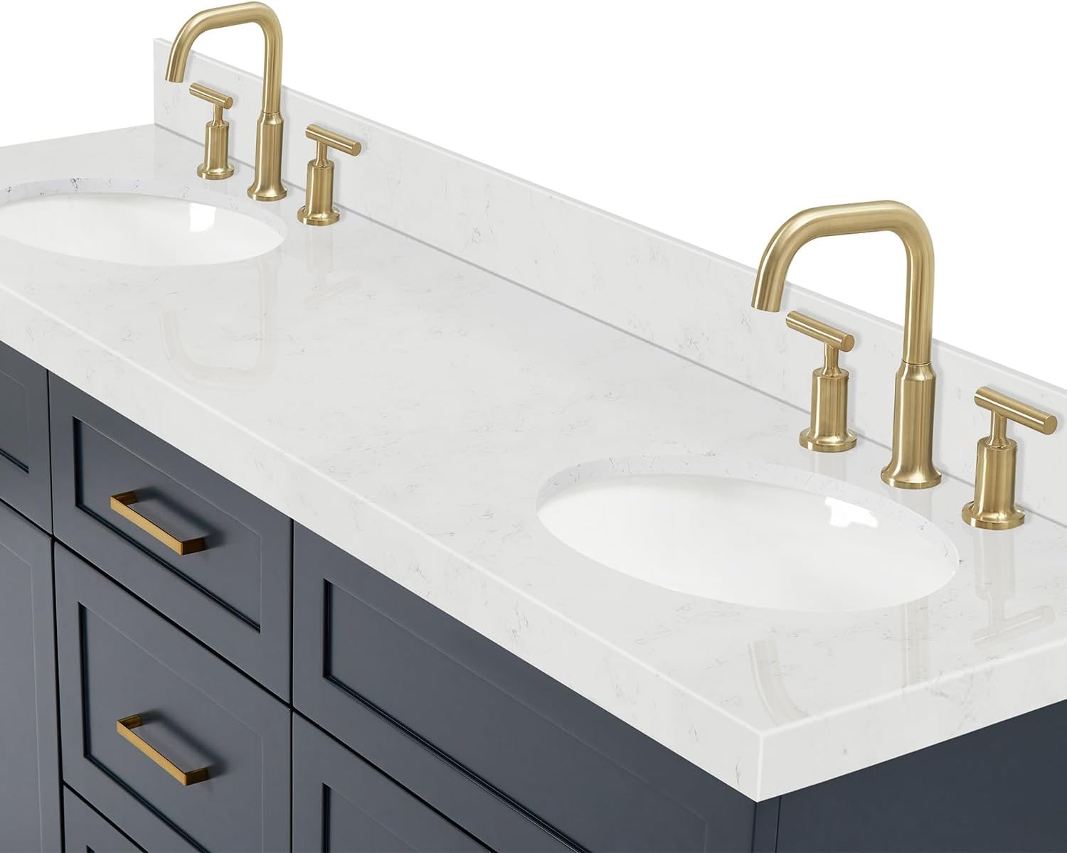 ARIEL Hamlet 66-inch Bathroom Vanity with Sink,Solid Wood, 1.5-inch Carrara White Quartz Countertop & Backsplash, Double Oval Porcelain Sink, 4 Soft Closing Doors, 3 Dovetail Drawers, Midnight Blue