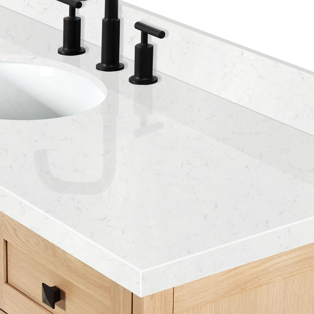 ARIEL Monroe 60-inch Bathroom Vanity with Sink,Solid Wood, 1.5-inch Carrara White Quartz Countertop, Single Oval Porcelain Sink, Dovetail Drawers, White Oak