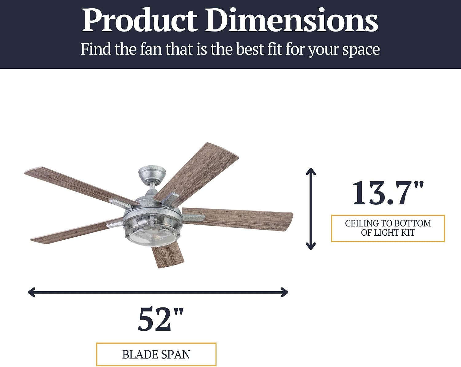 Prominence Home Freyr, 52 Inch Indoor Outdoor LED Ceiling Fan with Light, Remote Control, Dual Mounting Options, 5 Dual Finish Blades, Reversible Motor -51484-01 (Painted Galvanized)