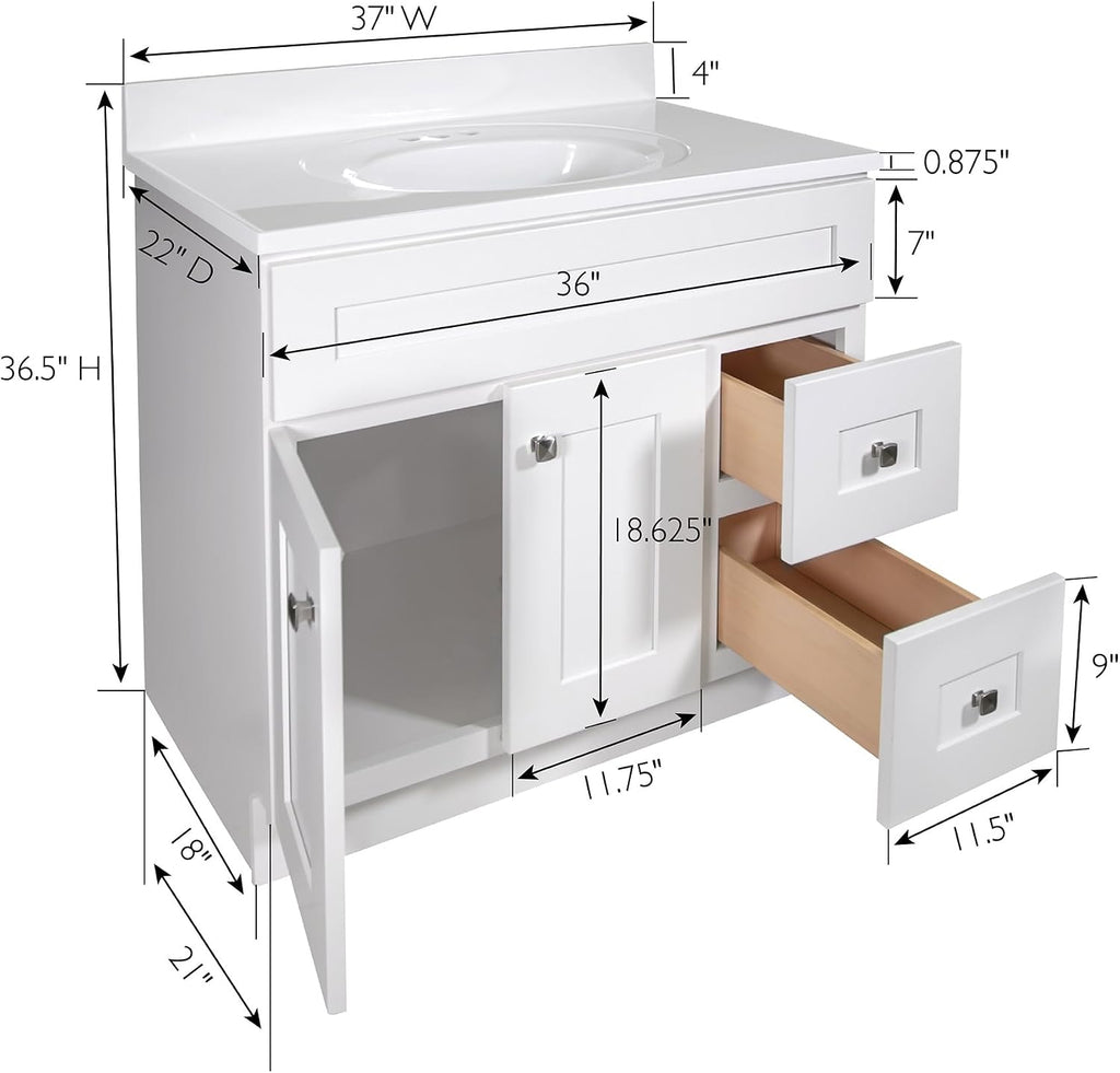 Design House Brookings 37 Inch Bathroom Vanity with Top, Ready to Assemble, Sherwin Williams® White, 585695