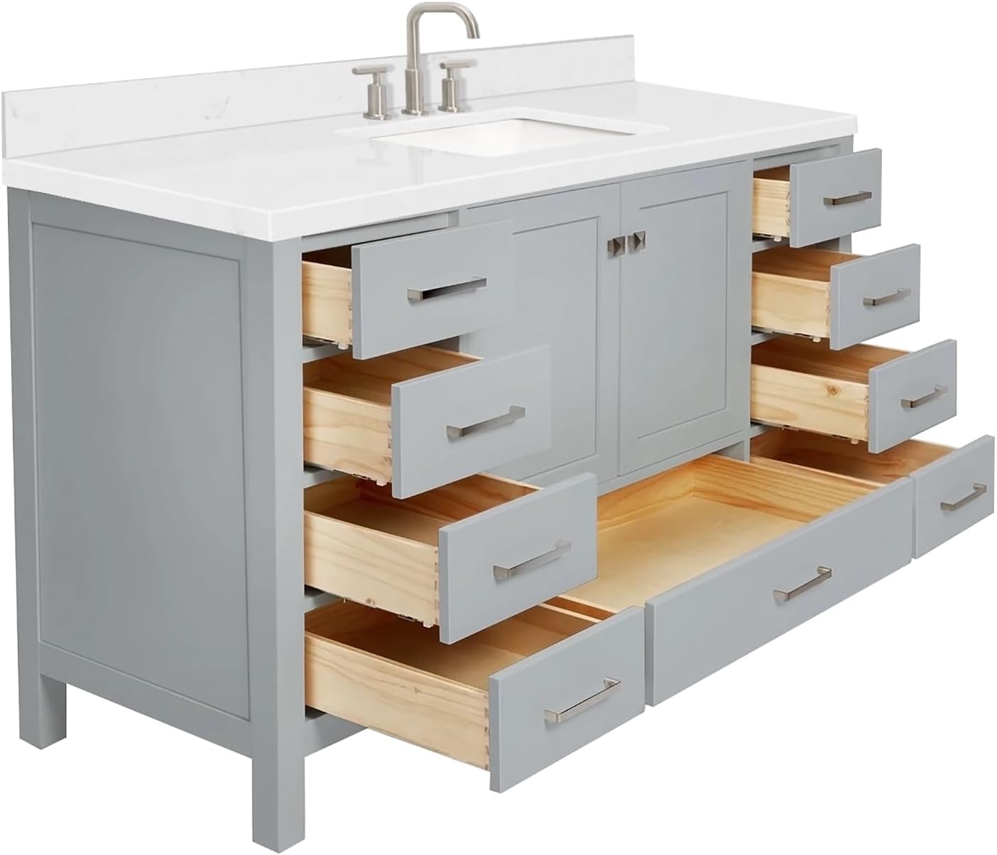 ARIEL Cambridge 60-inch Bathroom Vanity with Sink,Solid Wood, 1.5-inch Carrara White Quartz Countertop, Single Rectangular Porcelain Sink, 2 Soft Closing Doors, 9 Dovetail Drawers, Grey