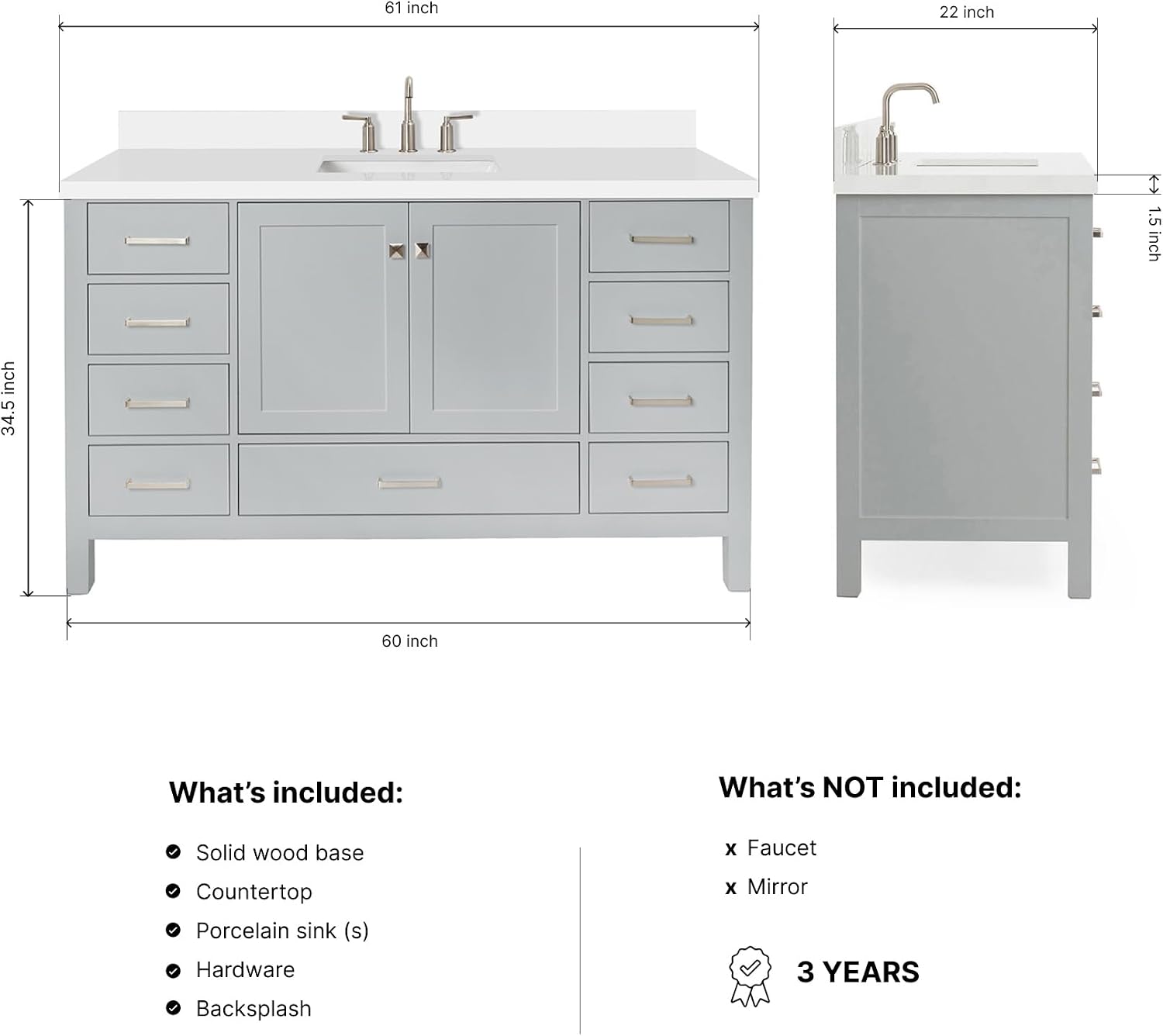 ARIEL Cambridge 60-inch Bathroom Vanity with Sink,Solid Wood, 1.5-inch Pure White Quartz Countertop & Backsplash, Single Rectangular Porcelain Sink, 2 Soft Closing Doors, 9 Dovetail Drawers, Grey