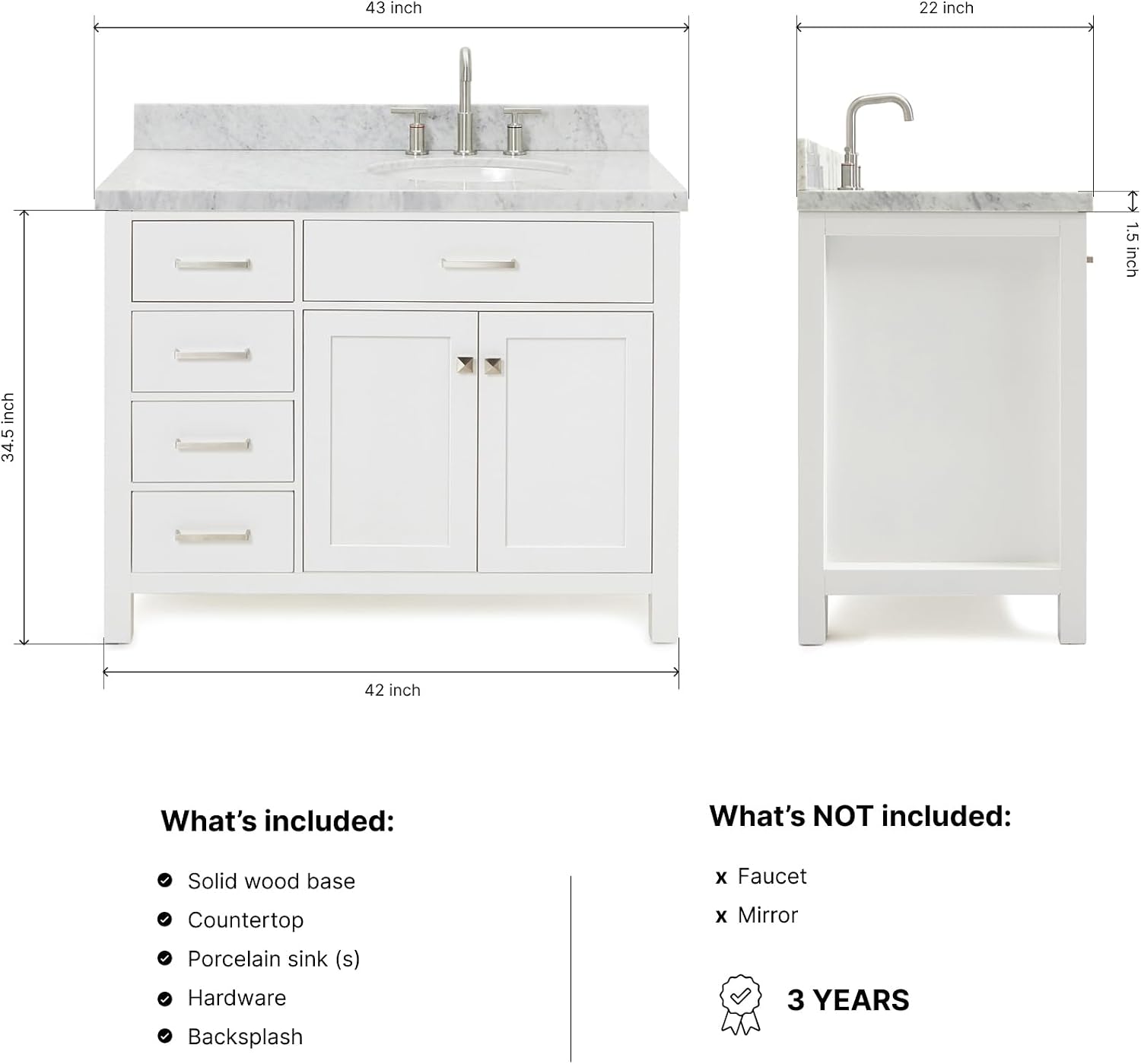DKB Alenza 42-Inch White Bathroom Vanity with Sink, 1.5-Inch Italian Carrara Marble Countertop, Right Oval Undermount Sink, 2 Soft Closing Doors, 4 Dovetail Drawers, Polished Chrome