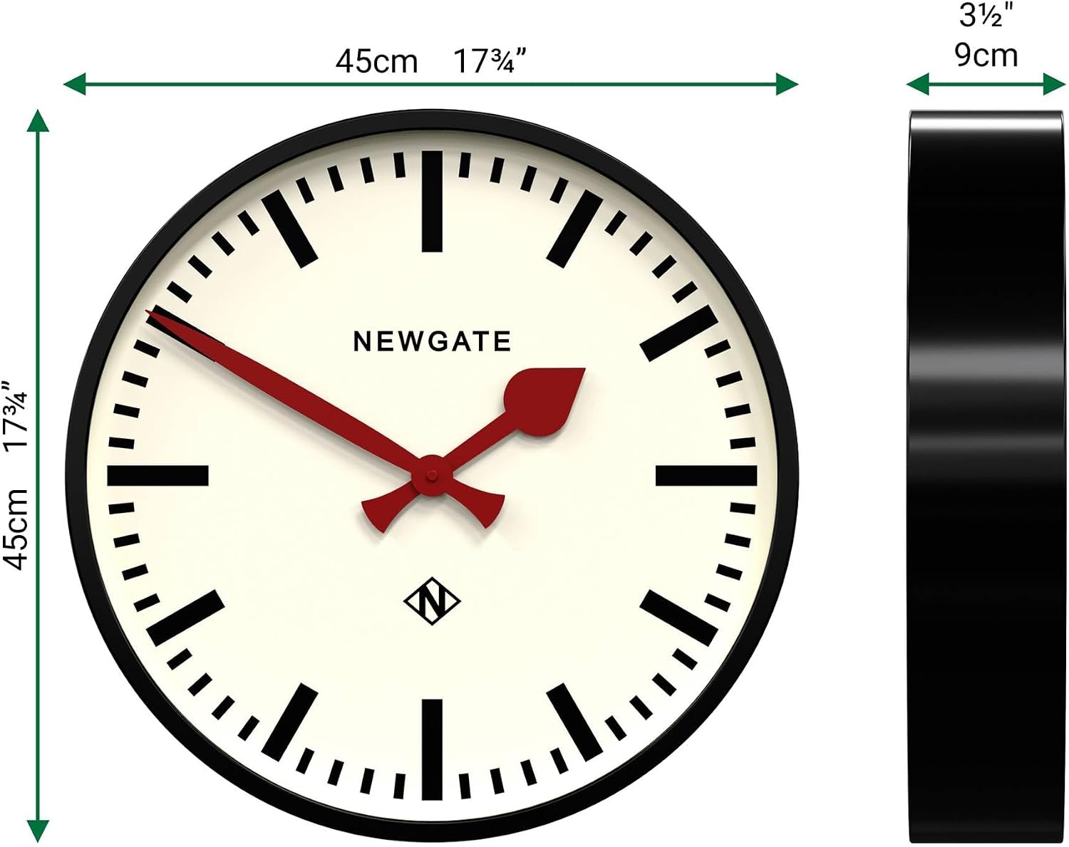 NEWGATE® Putney wall Clock | Large Retro Inspired Modern Station Clock | 18 inch | Deep Gloss Black Metal case with red Hands | Industrial mid-Century Style for Kitchen, Living Room or Office