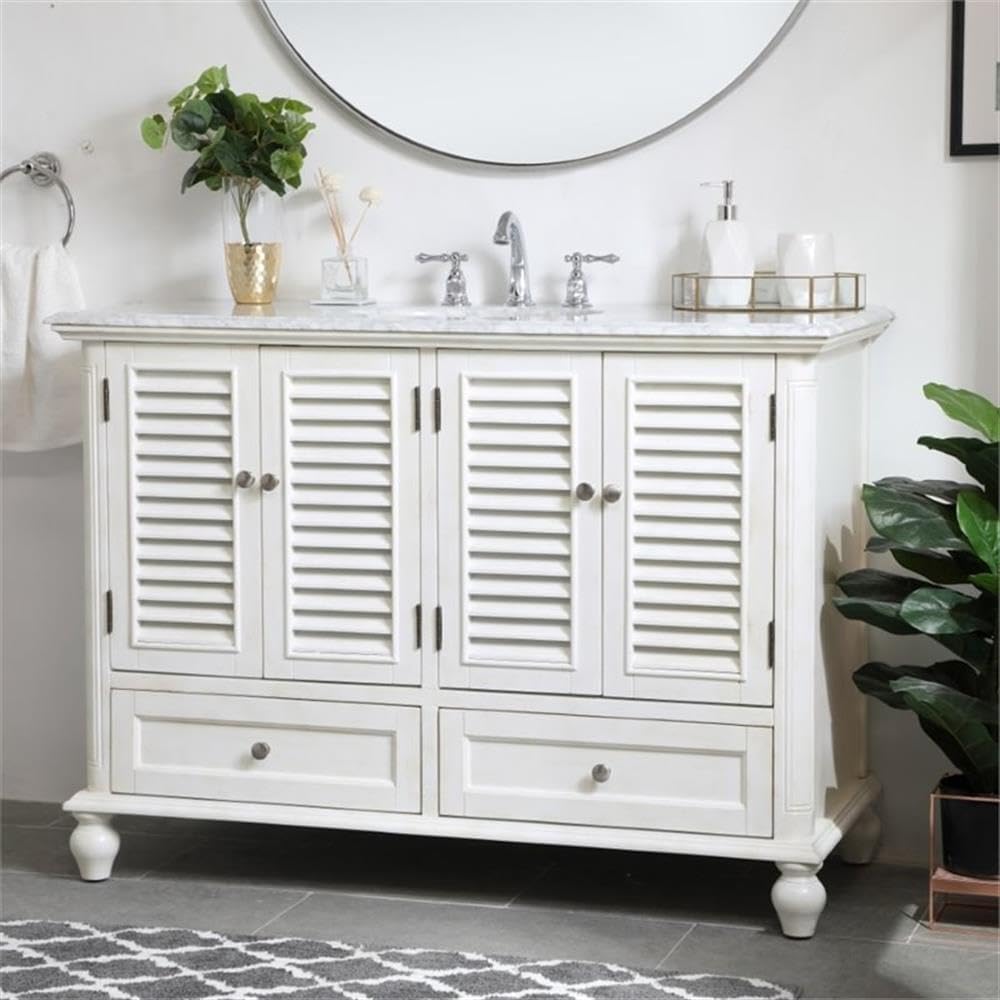 Pemberly Row 48' Bathroom Vanity, Antique White Finish, Solid Wood Base with Carrara Marble Top, Porcelain Undermount Sink, 4 Cabinet Doors and 2 Soft-Close Drawers, Free-Standing for Bathroom Use