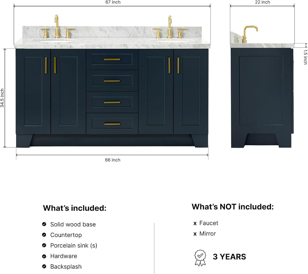 ARIEL Taylor 66-inch Bathroom Vanity with Sink,Solid Wood, 1.5-inch Italian Carrara Marble Countertop, Double Oval Porcelain Sink, 4 Soft Closing Doors, 5 Dovetail Drawers, Midnight Blue