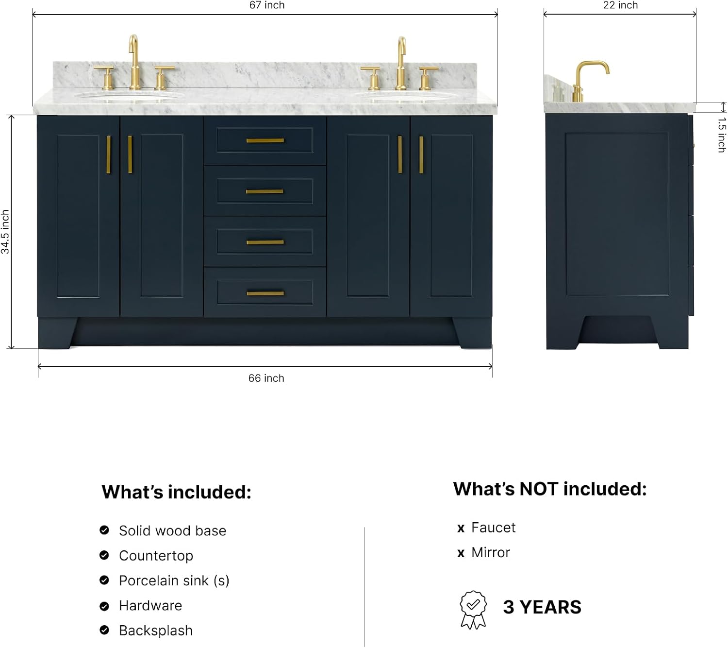 ARIEL Taylor 66-inch Bathroom Vanity with Sink,Solid Wood, 1.5-inch Italian Carrara Marble Countertop, Double Oval Porcelain Sink, 4 Soft Closing Doors, 5 Dovetail Drawers, Midnight Blue