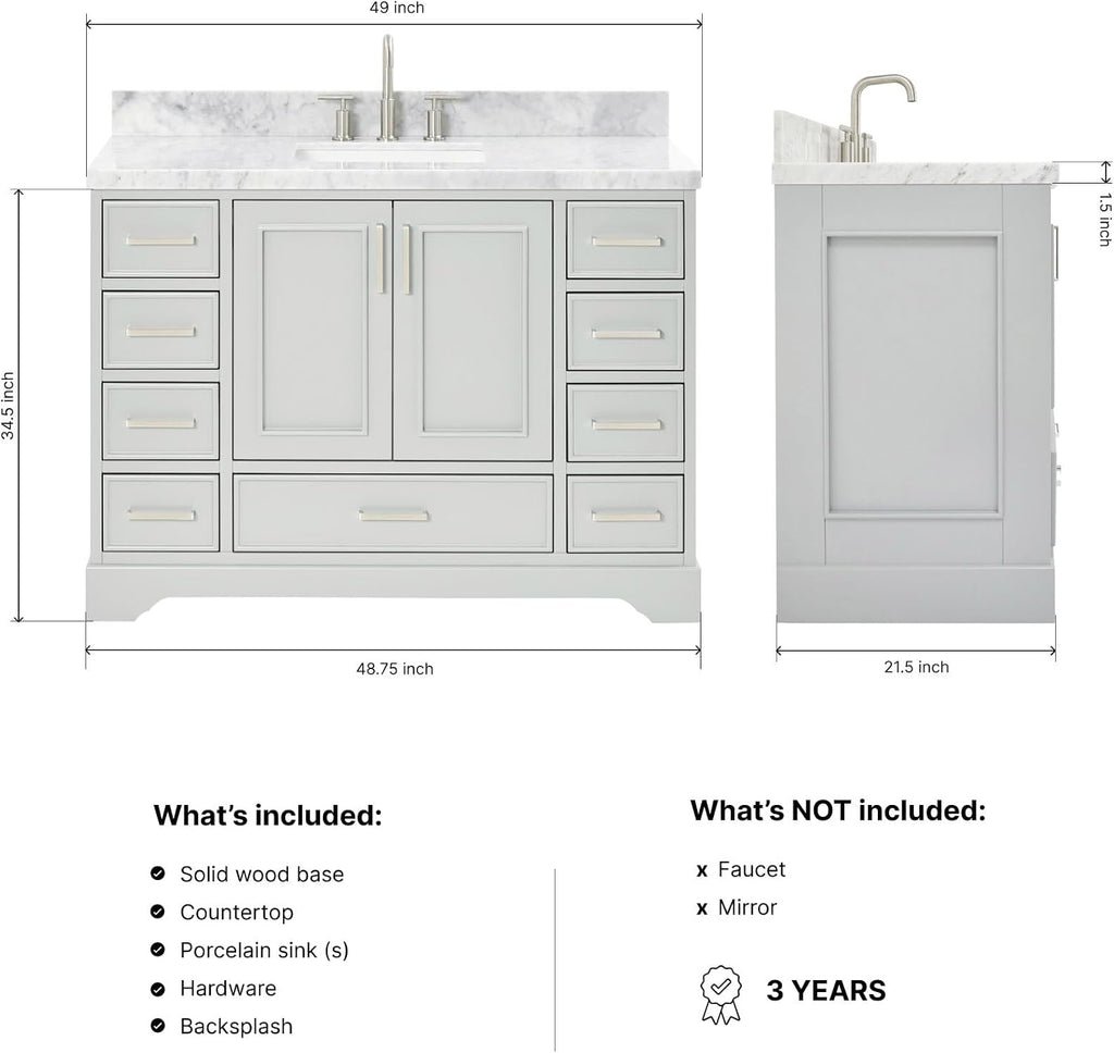 ARIEL Stafford 48-inch Bathroom Vanity with Sink,Solid Wood, 1.5-inch Italian Carrara Marble Countertop, Single Rectangular Porcelain Sink, 2 Soft Closing Doors, 9 Dovetail Drawers, Grey