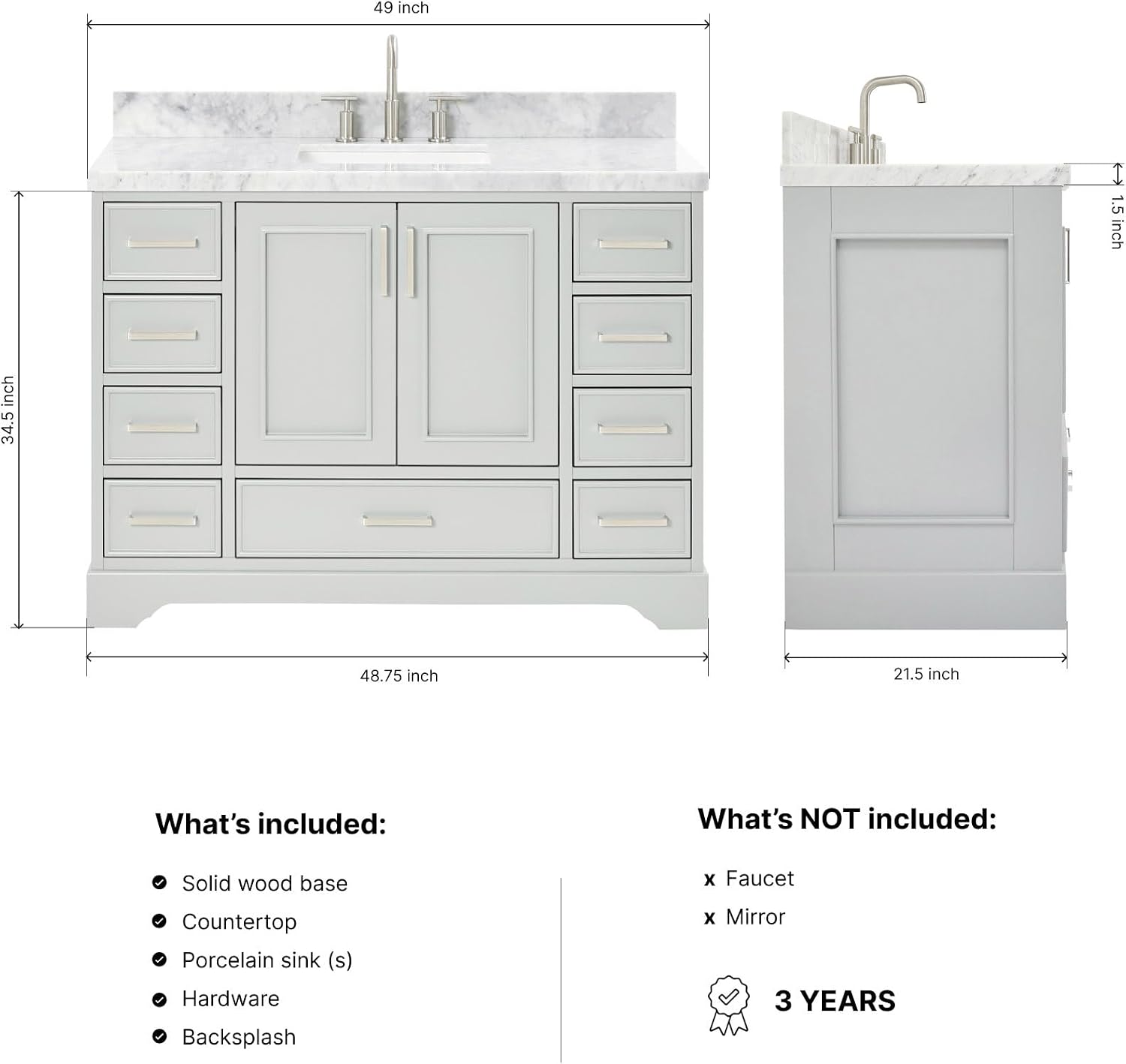 ARIEL Stafford 48-inch Bathroom Vanity with Sink,Solid Wood, 1.5-inch Italian Carrara Marble Countertop, Single Rectangular Porcelain Sink, 2 Soft Closing Doors, 9 Dovetail Drawers, Grey