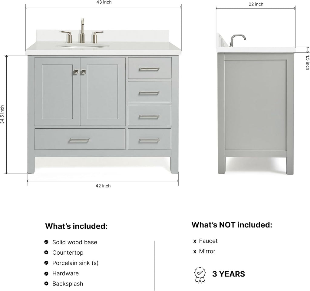ARIEL Cambridge 42-inch Bathroom Vanity with Sink,Solid Wood, 1.5-inch Pure White Quartz Countertop & Backsplash, Single Oval Porcelain Sink, 2 Soft Closing Doors, 5 Dovetail Drawers, Grey