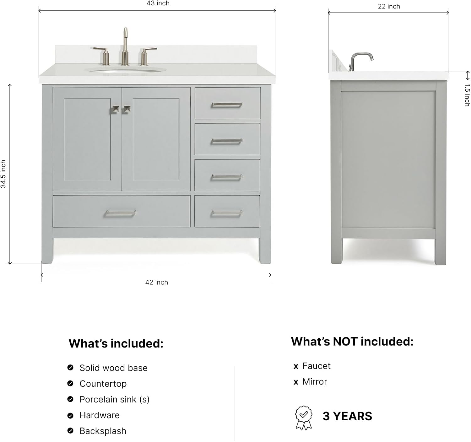 ARIEL Cambridge 42-inch Bathroom Vanity with Sink,Solid Wood, 1.5-inch Pure White Quartz Countertop & Backsplash, Single Oval Porcelain Sink, 2 Soft Closing Doors, 5 Dovetail Drawers, Grey