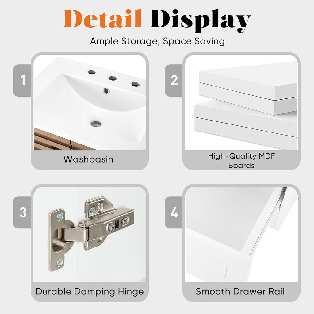 Sweetcrispy 24' Modern Bathroom Vanity with Ceramic Basin, Undermount Vanity Sink Cabinet with 2 Doors and 1 Drawer, Free Standing Bathroom Storage Cabinet with Sink Combo Set, Ivory