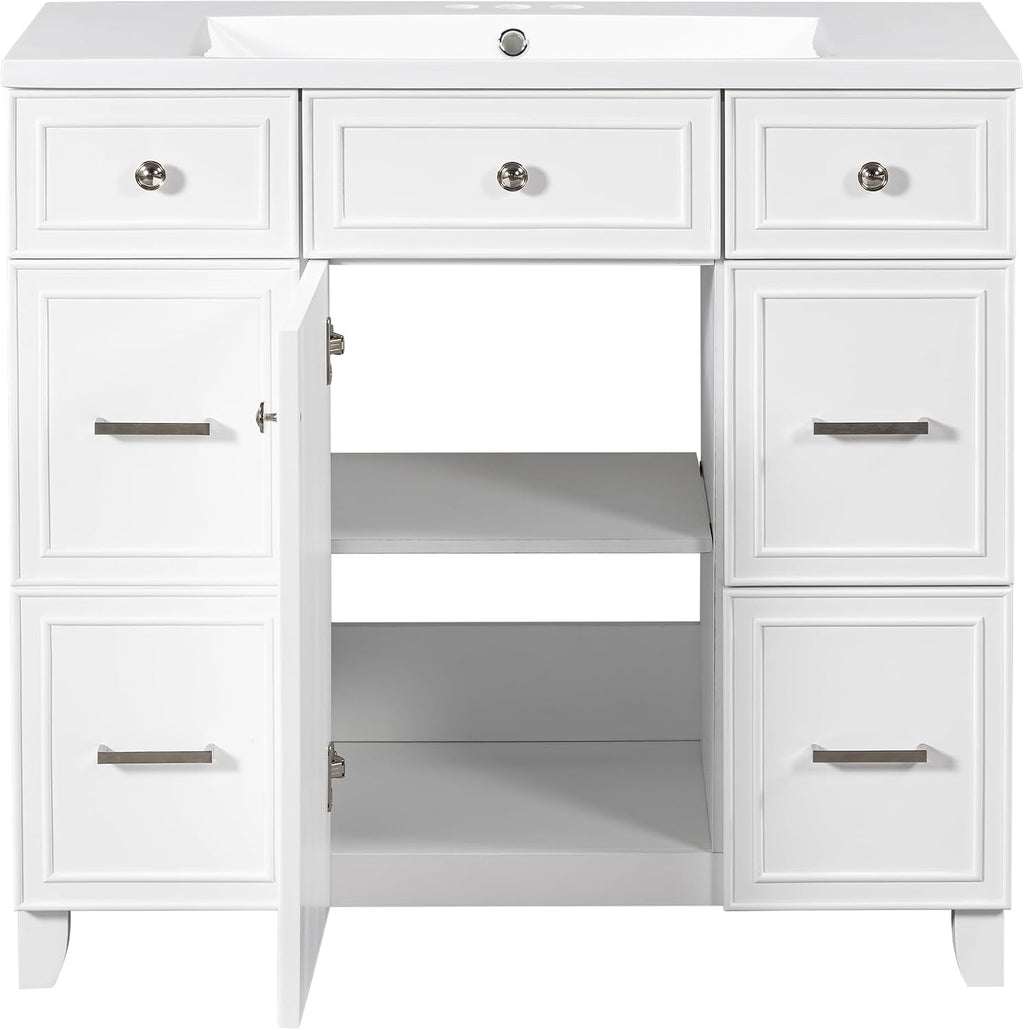 LUMISOL 36' Bathroom Vanity with Sink Top, Single Bathroom Cabinet with 3 Drawers & Soft-Closing Doors, Wooden Bathroom Vanity and Sink Combo, White