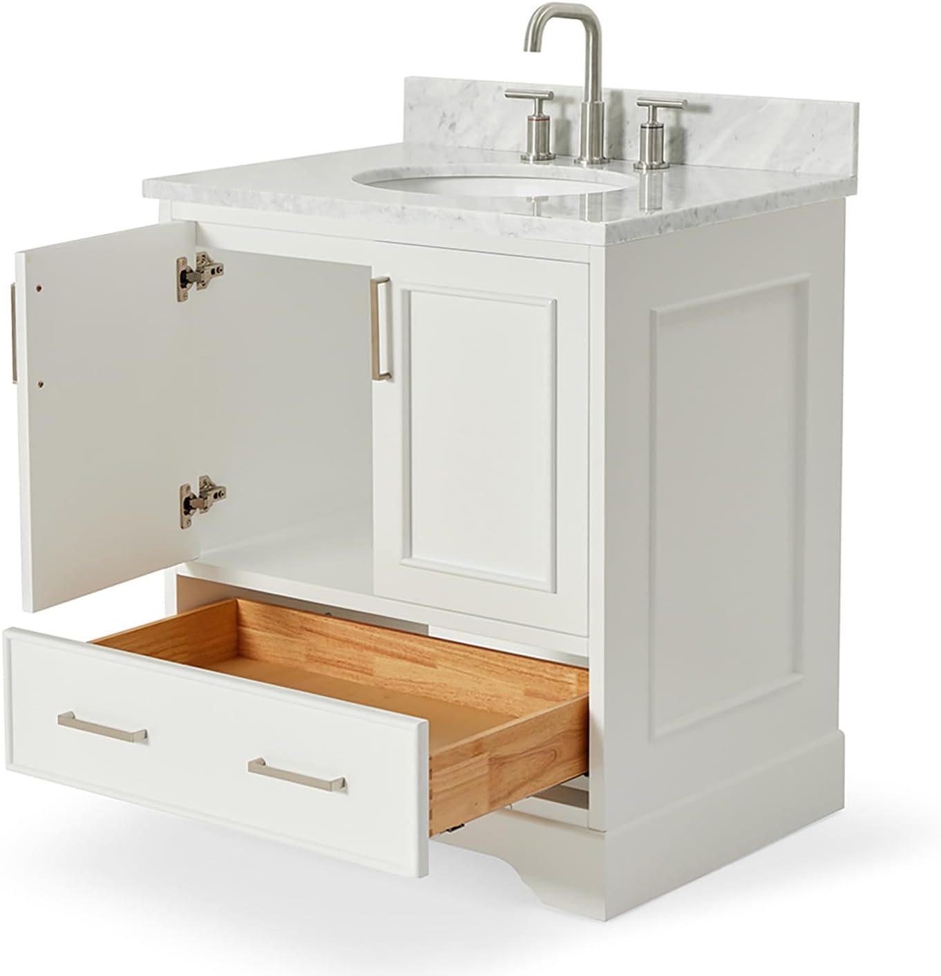 ARIEL Stafford 30-inch Bathroom Vanity with Sink,Solid Wood, 0.75-inch Italian Carrara Marble Countertop & Backsplash, Single Oval Porcelain Sink, 2 Soft Closing Doors, 1 Dovetail Drawers, White
