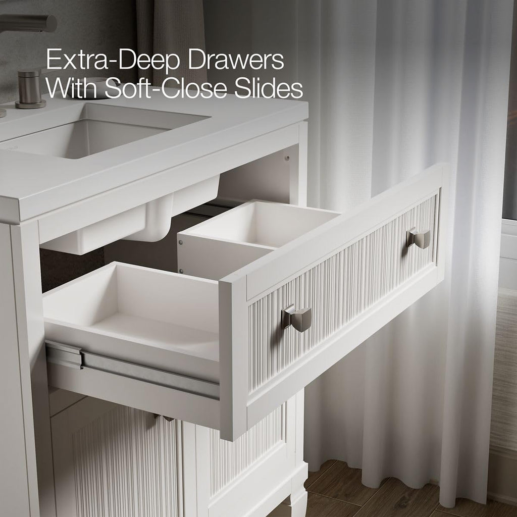 Kohler Hearthaven 30 Inch Bathroom Vanity Cabinet with White Single Sink and Quartz Top, Modern Bathroom Vanity, White, K-33536-ASB-0
