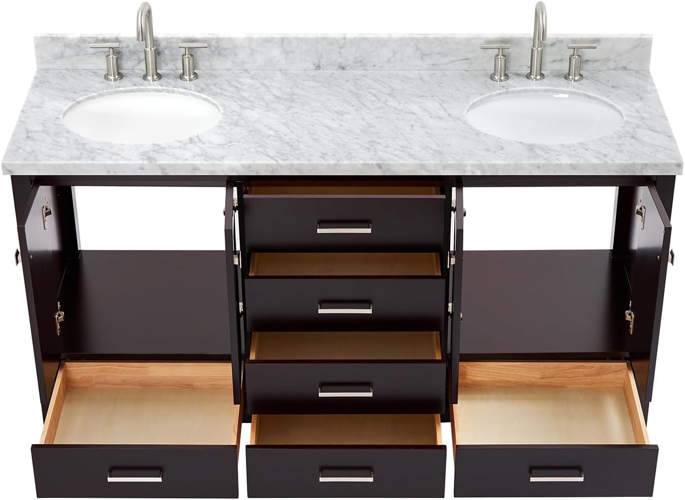 ARIEL Cambridge 66-inch Bathroom Vanity with Sink,Solid Wood, 1.5-inch Italian Carrara Marble Countertop & Backsplash, Double Oval Porcelain Sink, 4 Soft Closing Doors, 6 Dovetail Drawers, Espresso