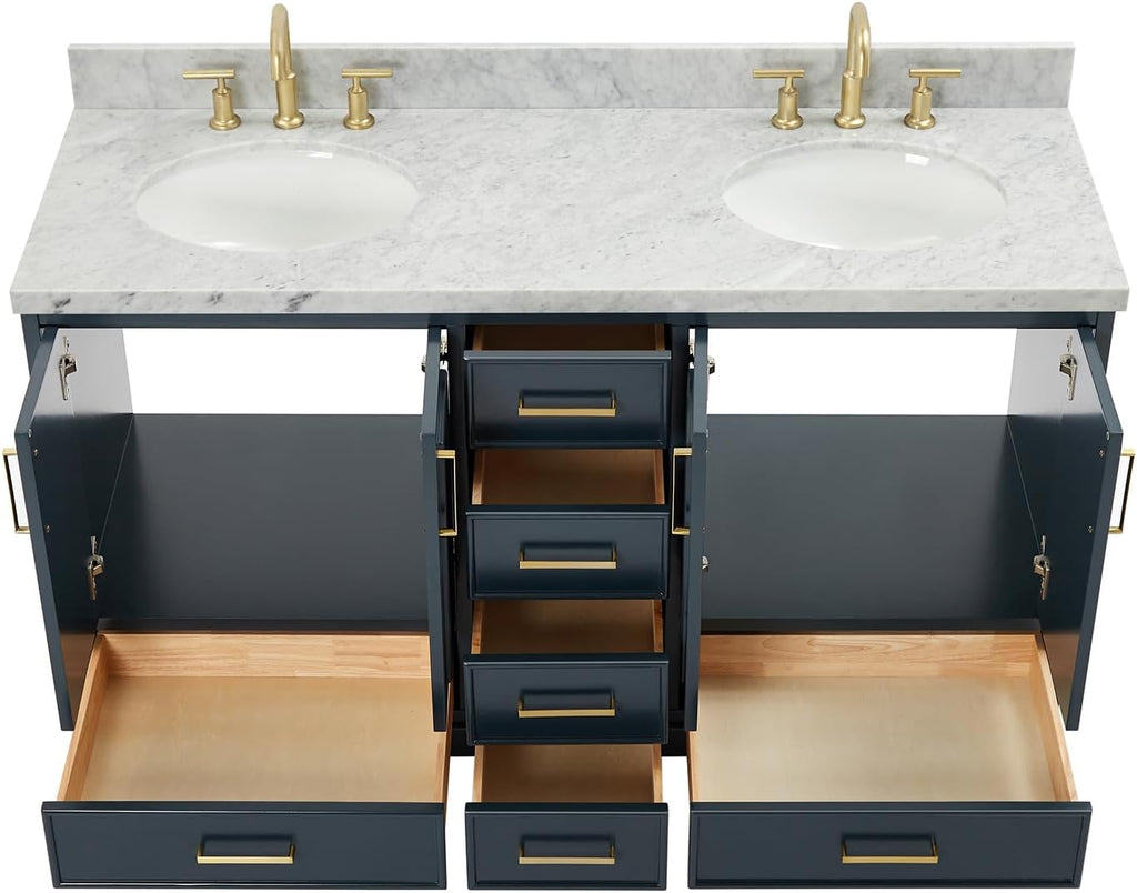 ARIEL Stafford 60-inch Bathroom Vanity with Sink,Solid Wood, 1.5-inch Italian Carrara Marble Countertop, Double Oval Porcelain Sink, 4 Soft Closing Doors, 6 Dovetail Drawers, Midnight Blue