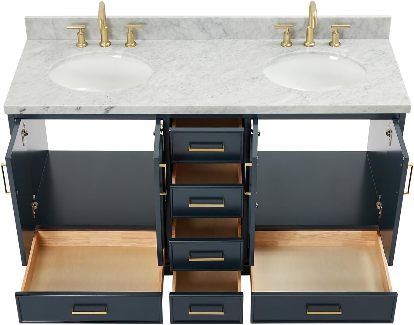 ARIEL Stafford 60-inch Bathroom Vanity with Sink,Solid Wood, 1.5-inch Italian Carrara Marble Countertop, Double Oval Porcelain Sink, 4 Soft Closing Doors, 6 Dovetail Drawers, Midnight Blue