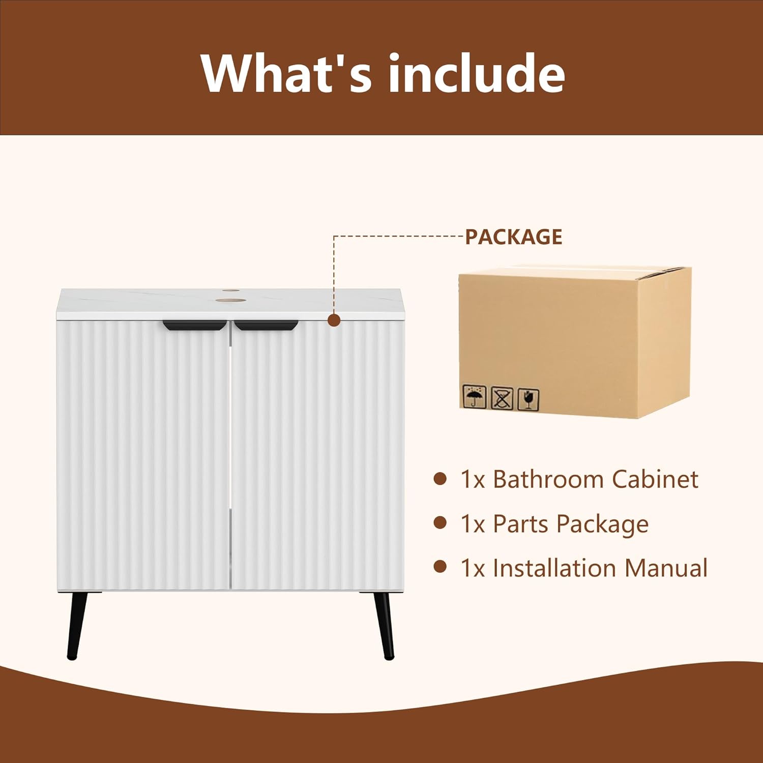 30' Bathroom Vanity, Freestanding Modern Fluted Bathroom Vanity Without Sink, Under Sink Storege Cabinet with 2 Soft-Close Doors, Metal Handle,Easy Assembly, White