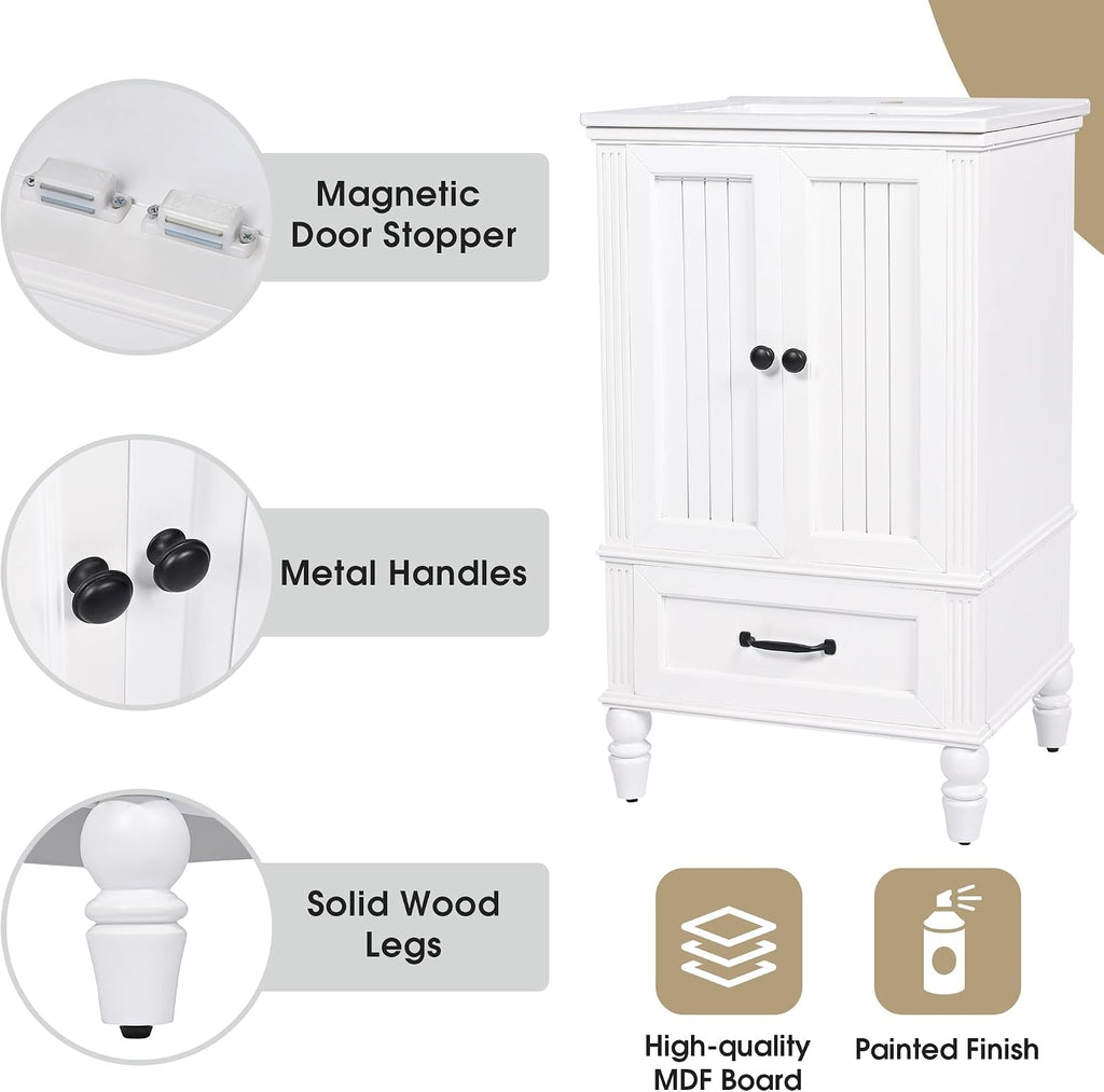 VilroCaz 20' Bathroom Vanity with Sink, Freestanding Bathroom Storage Cabinet with 2 Doors, a Drawer, Magnetic Door Stopper, Solid Wood Legs and Adjustable Foot Pads (White-10.10)