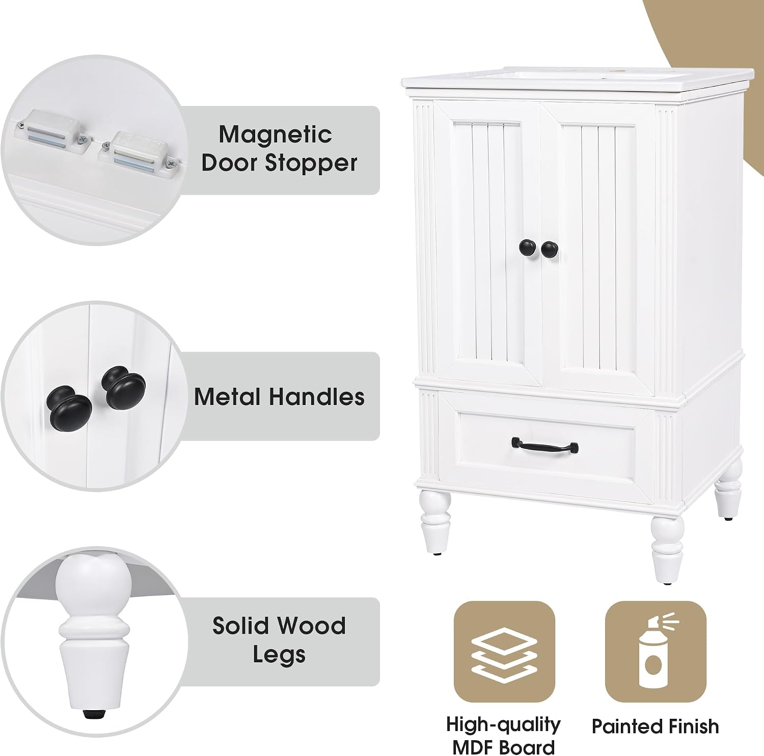 VilroCaz 20' Bathroom Vanity with Sink, Freestanding Bathroom Storage Cabinet with 2 Doors, a Drawer, Magnetic Door Stopper, Solid Wood Legs and Adjustable Foot Pads (White-10.10)