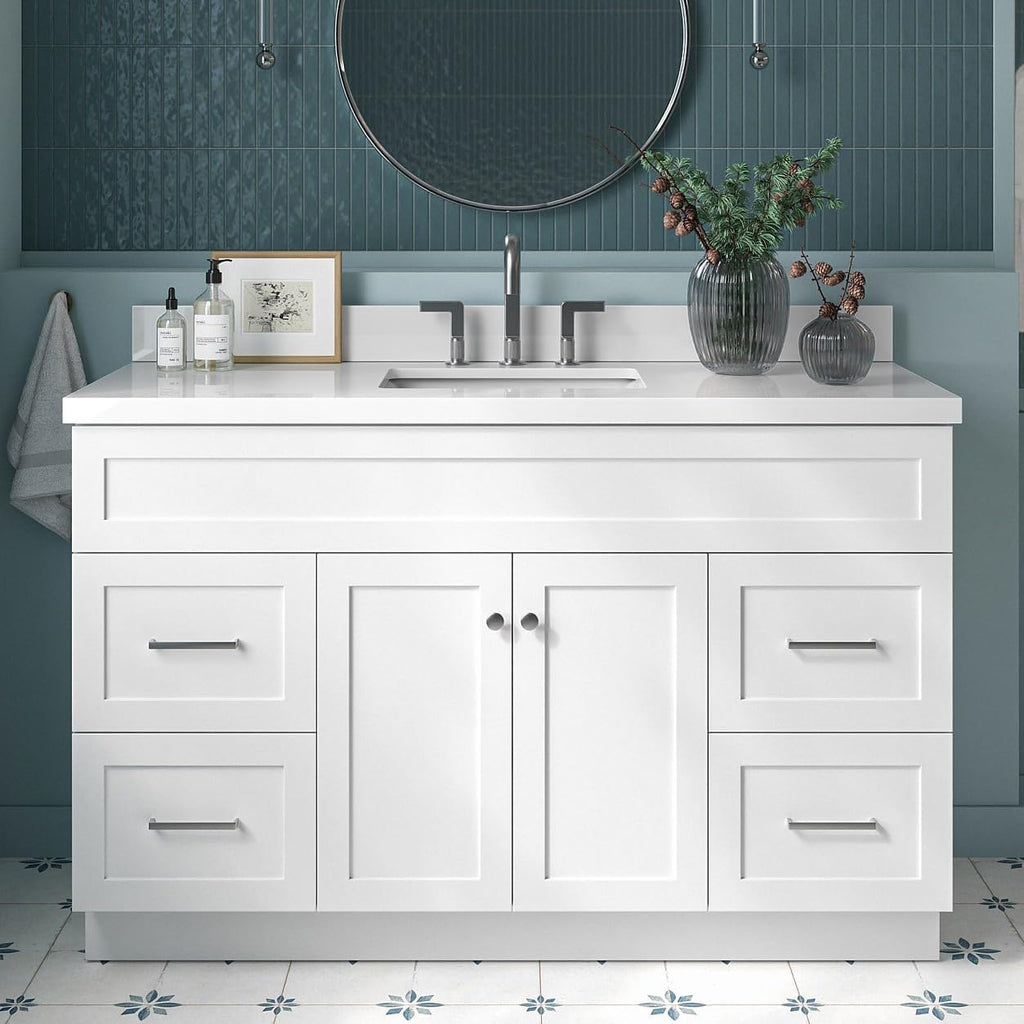 ARIEL Hamlet 54-inch Bathroom Vanity with Sink,Solid Wood, 1.5-inch Pure White Quartz Countertop & Backsplash, Single Rectangular Porcelain Sink, 2 Soft Closing Doors, 4 Dovetail Drawers, White