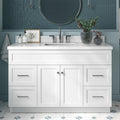 ARIEL Hamlet 54-inch Bathroom Vanity with Sink,Solid Wood, 1.5-inch Pure White Quartz Countertop & Backsplash, Single Rectangular Porcelain Sink, 2 Soft Closing Doors, 4 Dovetail Drawers, White