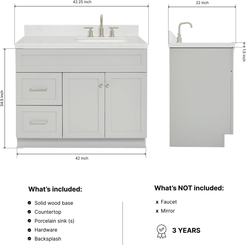 DKB Bradford 42' Gray Single Bathroom Vanity with Rectangular Undermount Sink, 1.5' Carrara Quartz Countertop, Solid Wood Frame, 2 Soft Closing Doors, 2 Full Extension Drawers, Brushed Nickel