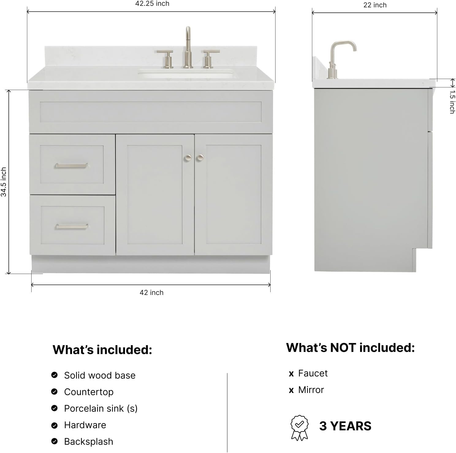 DKB Bradford 42' Gray Single Bathroom Vanity with Rectangular Undermount Sink, 1.5' Carrara Quartz Countertop, Solid Wood Frame, 2 Soft Closing Doors, 2 Full Extension Drawers, Brushed Nickel