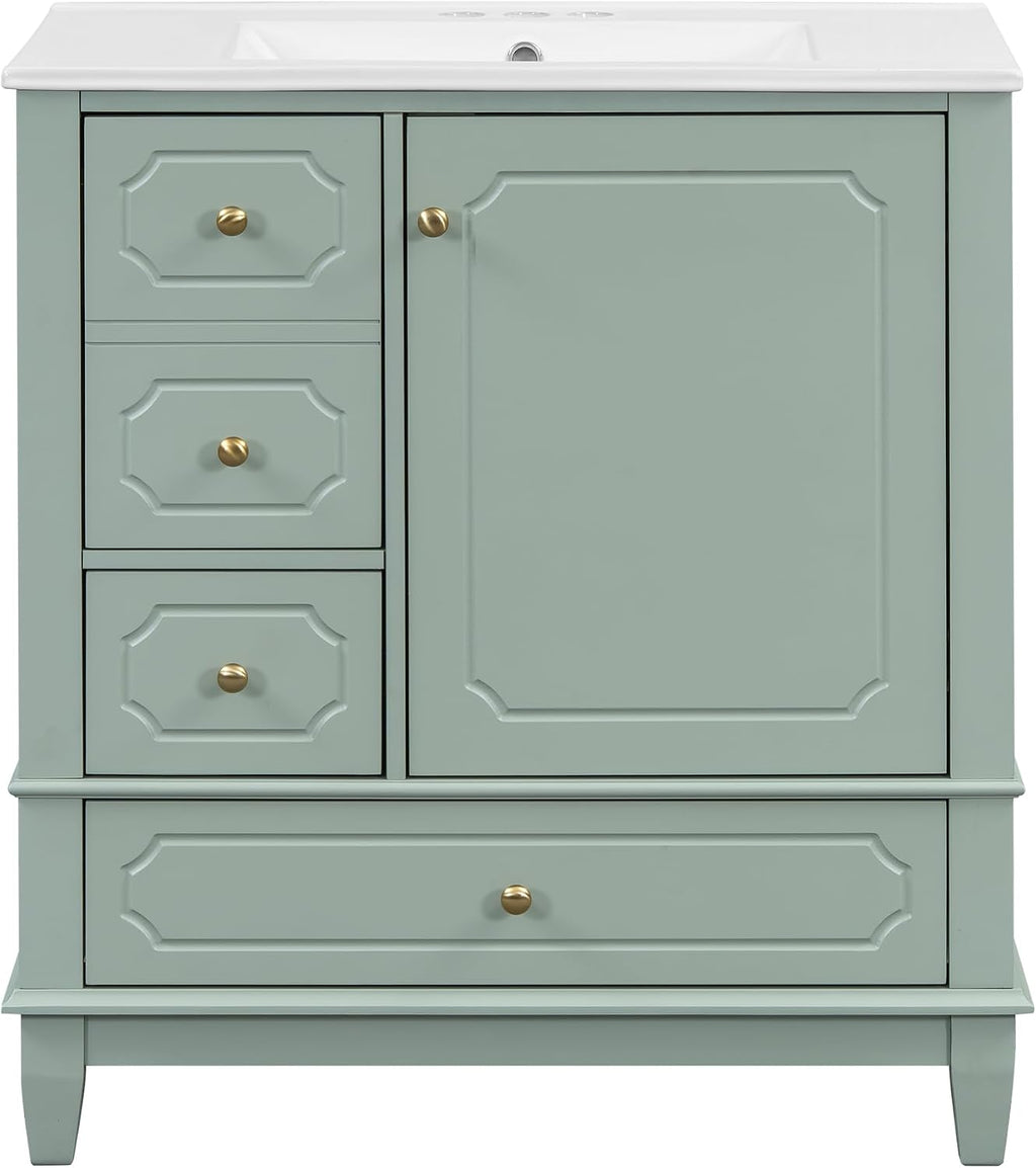 Bathroom Vanity with Ceramic Sink 30 inch, Multi-Functional Storage Cabinet with Drawers and Door Shelf, Solid Wood Frame, Soft-Closing Door, Light Green