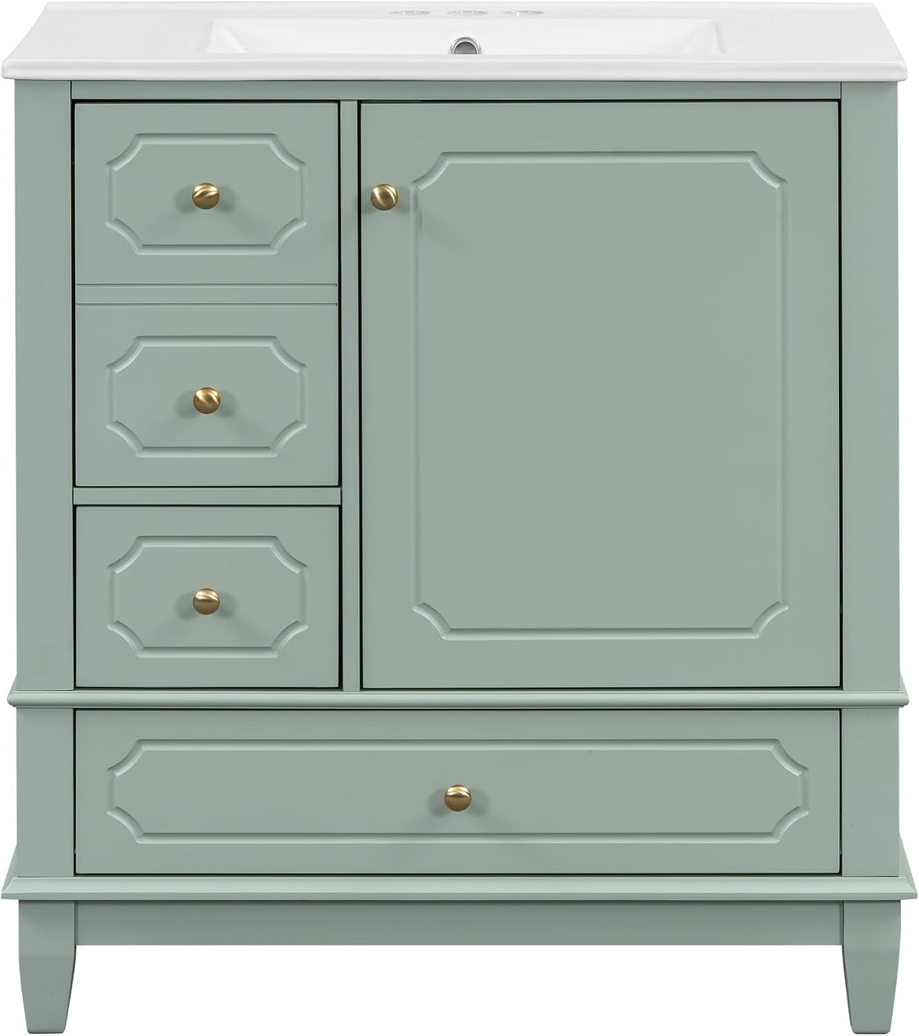 Bathroom Vanity with Ceramic Sink 30 inch, Multi-Functional Storage Cabinet with Drawers and Door Shelf, Solid Wood Frame, Soft-Closing Door, Light Green