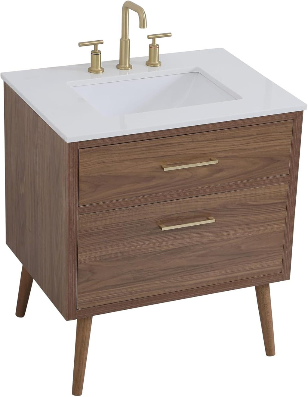 30' Pre-Assembled Bathroom Vanity with Sink, Engineered Wood, Ivory White Engineered Marble Countertop Attached, Single Rectangle Porcelain Sink, 2 Soft-Close Drawers, Walnut Brown