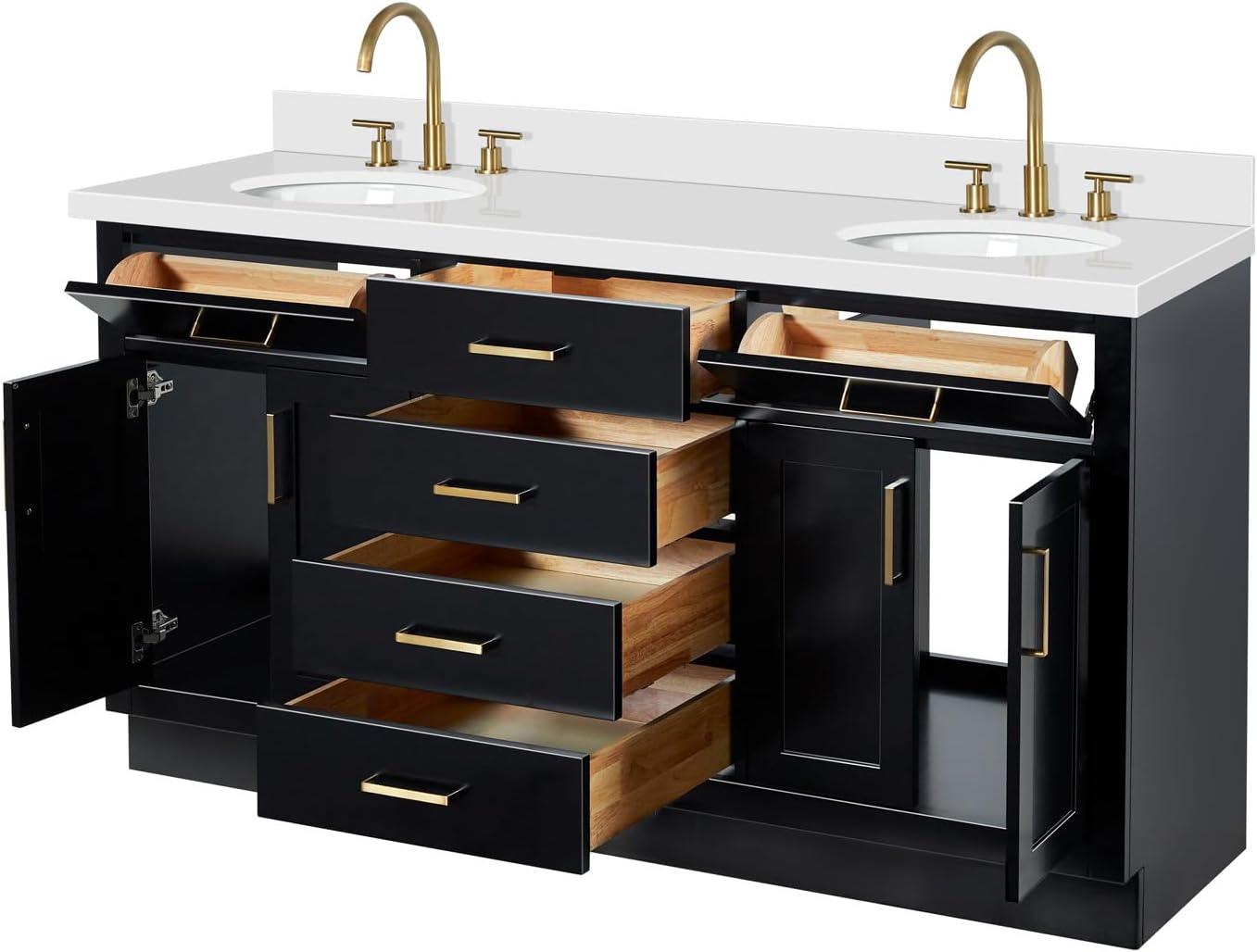 DKB Isabella 66-Inch Black Double Bathroom Vanity with Oval Sinks, 1.5-Inch Pure White Quartz Countertop & 4-Inch Backsplash, Solid Wood Frame, Soft-Close Drawers