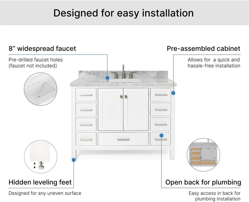 ARIEL Cambridge 48-inch Bathroom Vanity with Sink,Solid Wood, 1.5-inch Italian Carrara Marble Countertop, Single Rectangular Porcelain Sink, 2 Soft Closing Doors, 9 Dovetail Drawers, White