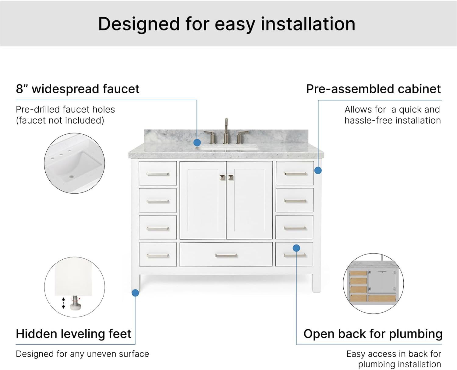 ARIEL Cambridge 48-inch Bathroom Vanity with Sink,Solid Wood, 1.5-inch Italian Carrara Marble Countertop, Single Rectangular Porcelain Sink, 2 Soft Closing Doors, 9 Dovetail Drawers, White