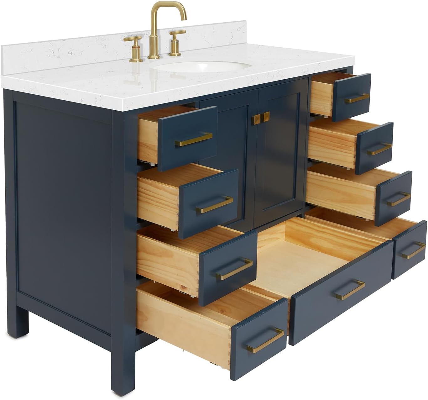 ARIEL Cambridge 48-inch Bathroom Vanity with Sink,Solid Wood, 1.5-inch Carrara White Quartz Countertop, Single Oval Porcelain Sink, 2 Soft Closing Doors, 9 Dovetail Drawers, Midnight Blue