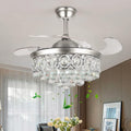 BIGBANBAN 42' Crystal Ceiling Fan Indoor with Light Remote Control Modern Silver Retractable Ceiling Fan Chandelier 3 Colors 3 Speeds Silent Fandelier Chandelier for Dinning Room Bedroom