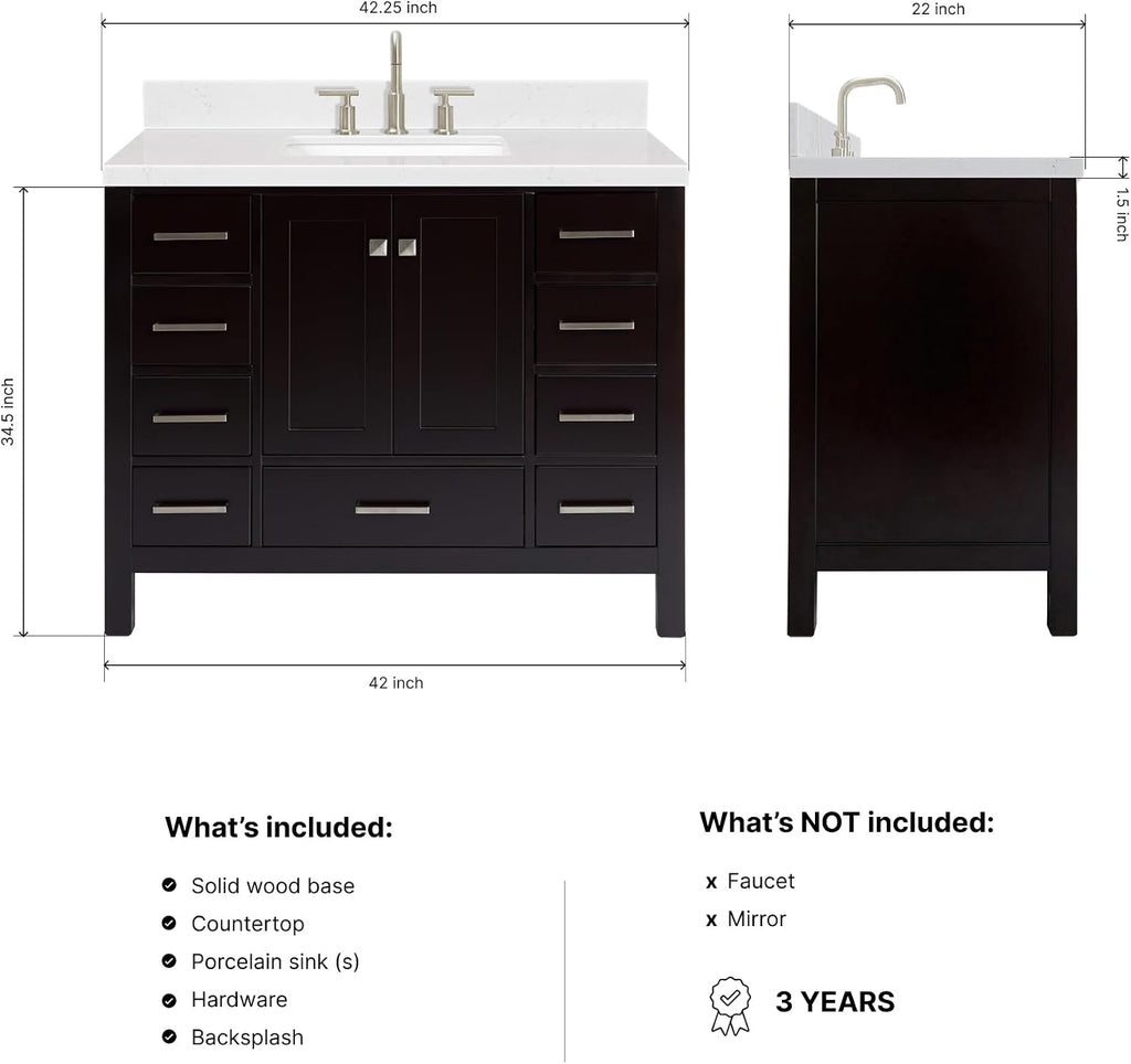 ARIEL Cambridge 42-inch Bathroom Vanity with Sink,Solid Wood, 1.5-inch Carrara White Quartz Countertop, Single Rectangular Porcelain Sink, 2 Soft Closing Doors, 9 Dovetail Drawers, Espresso