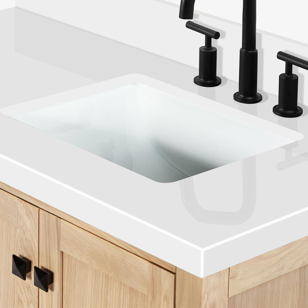 ARIEL 42-Inch Oak Bathroom Vanity with Sink, Italian Carrara Marble Countertop & 4' Backsplash, Soft Closing Door & Drawer, Matte Black Hardware