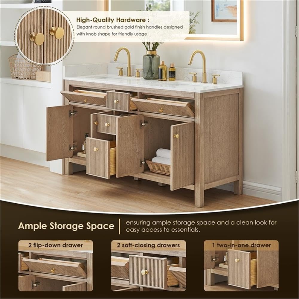 Pemberly Row 60' Wood Bathroom Vanity, Natural Oak Finish, Grain White Engineered Stone Top, No Mirror, 4 Fluted Doors, 5 Drawers, Contemporary Style, Undermount Sink, Ideal for Bathroom Storage