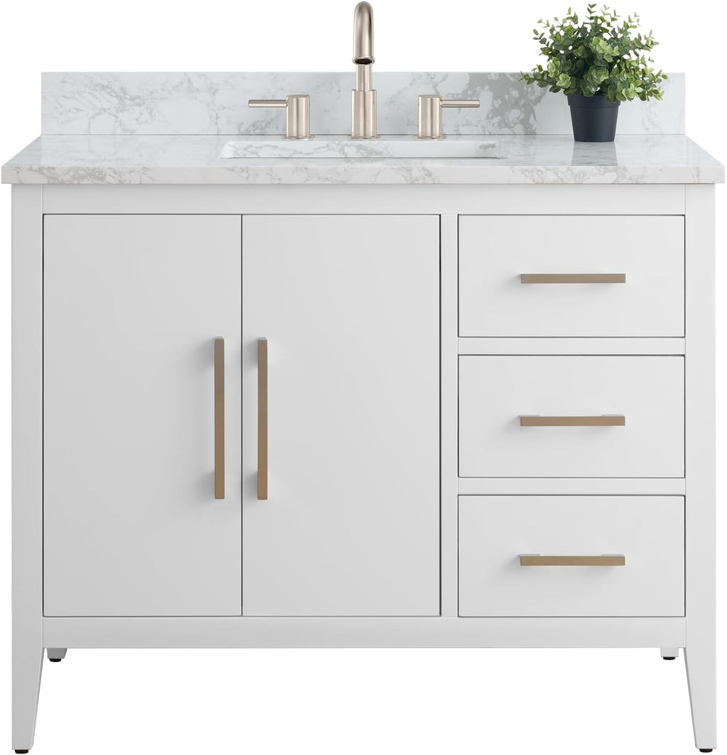 Vanity Art 42 inch Bathroom Vanity with Single Sink & Ceramic Top, Vanity Cabinet with Soft-Closing Doors, Drawers, Solid Wood Frame, White, Brushed Nickle Handware