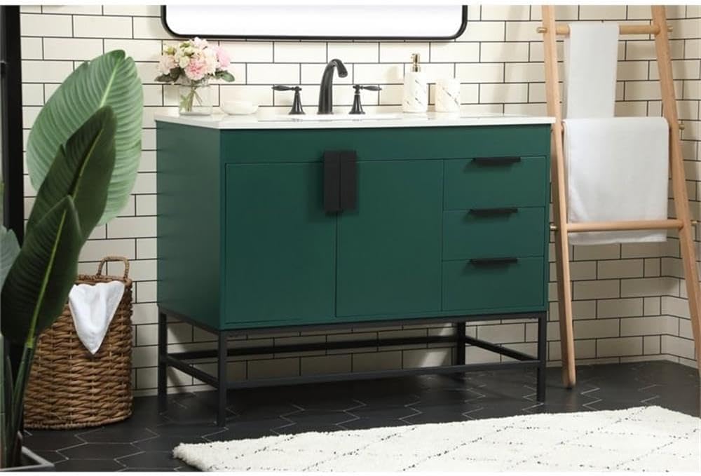 Pemberly Row 42' Aluminum MDF Single Bathroom Vanity, Green Finish, Quartz Top with Porcelain Sink, Rectangle Shape, Soft Closing Drawers and Cabinet, Powder-Coated Metal Legs, Modern Bathroom