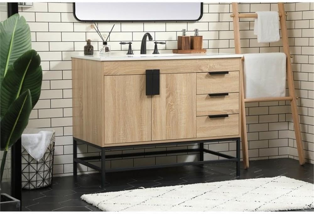 Pemberly Row 42' Aluminum MDF Bathroom Vanity, Mango Wood Finish, Ivory White Quartz Countertop, Porcelain Sink with Overflow, Soft Closing Hinges, 3 Drawers, Modern Style for Bathroom Storage